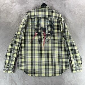 John Varvatos Plaid‎ Flannel Shirt Mens Size XL Green Justice For All Skull